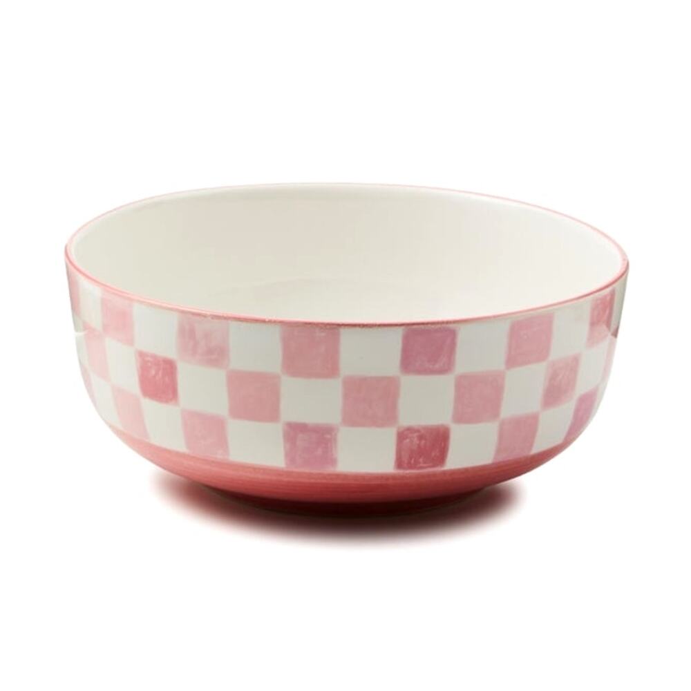 NEW Mackenzie-Childs Pink Check Serving Bowl 9.75in Hand Painted In Portugal